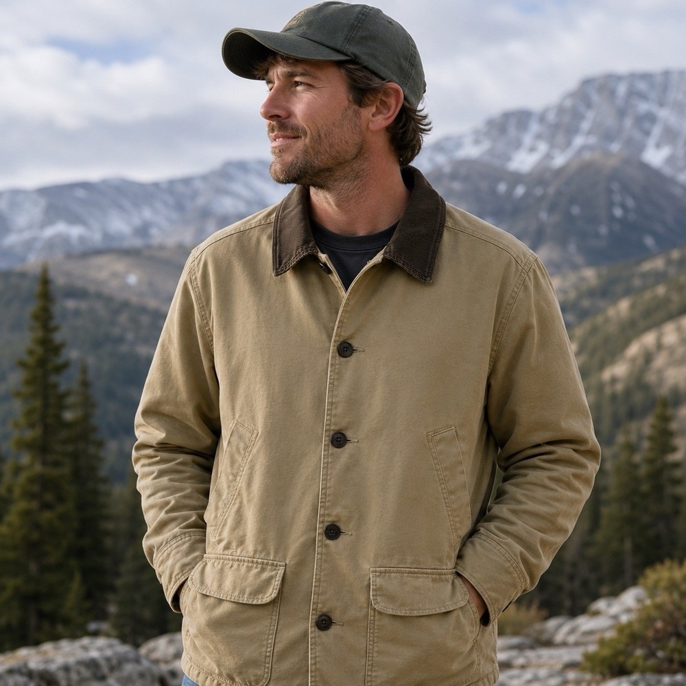 Vintage LL Bean Khaki Tan Lined Chore Coat Jacket Corduroy Collar Outdoors L